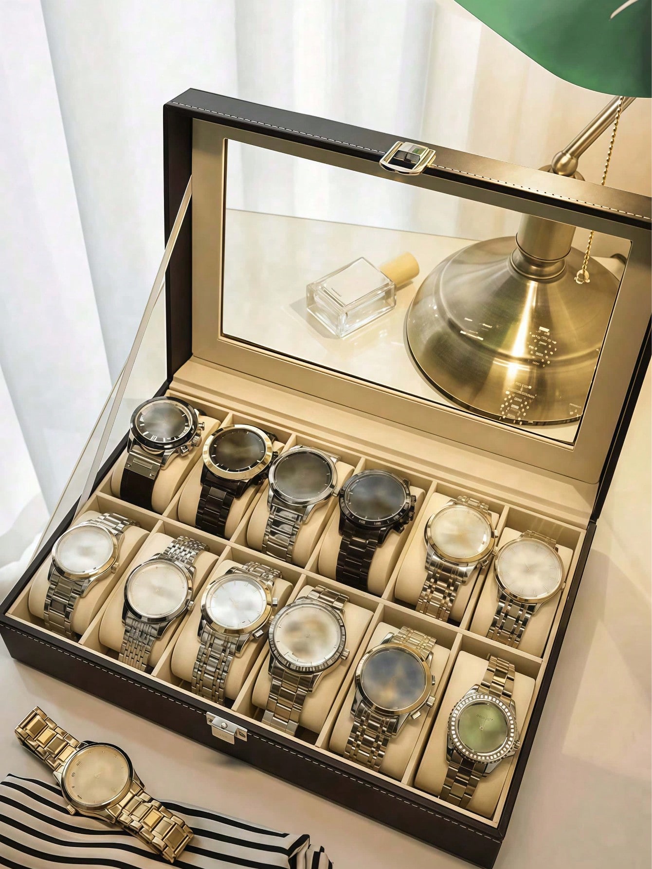 Leather Watch Box with Lock, L - Men'S Accessories Drawer Organizer 评论和价格